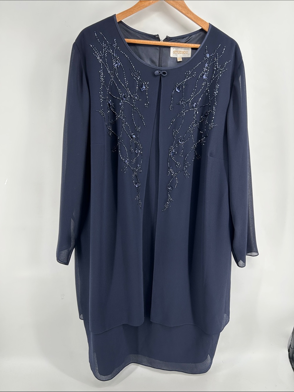 Studio I Navy Beaded Midi Dress with Sheer Layers Women's Size 24W Cocktail